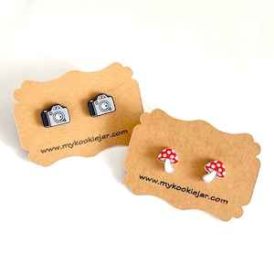 Cute Tiny Laser Cut Acrylic Stud Earrings, Camera Studs, Photographer Earrings, Woodland Red Mushroom Earrings, Nickel-Free and Lightweight