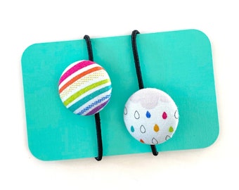 Rainbow Stripes and Raindrops Fabric Button Hair Ties, Cute Rainbow Ponytail Holders for Girls, Back to School, Handmade Gift Idea Girls
