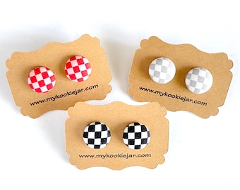 Cute Checkered Fabric Covered Button Earrings, Racing Black White Checkered, Red Pink Checkered, Gray White, Nickel-Free Studs or Clip-ons