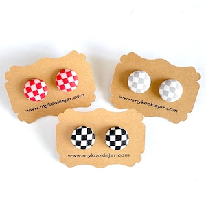 Cute Checkered Fabric Covered Button Earrings, Racing Black White Checkered, Red Pink Checkered, Gray White, Nickel-Free Studs or Clip-ons