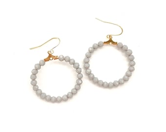 Ultimate Grey Glass Full Beaded Hoop Earrings, Contemporary Neutral Tone Statement Earrings, Nickel-free Lightweight Earrings for Women