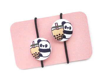Bubble Tea Panda Bear Fabric Button Hair Ties, Boba Lover, Boba Tea Gift Idea for Girls, Panda Bear Hair Accessories, Cute Ponytail Holder
