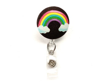 Rainbow Clouds Fabric Button Intrekbare Badge Reel, Swivel Alligator Clip, Leraar Gift, LGBTQ intrekbare ID houder, Nurse Hospital Badge