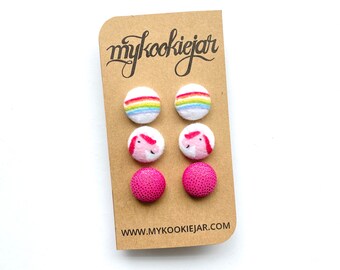 Rainbow Stripes, Pink Unicorn, Metallic Pink Fabric Button Earrings, Nickel-Free Earrings Studs or Clip-ons, Titanium Post, Girl's Gift Idea