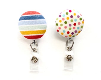 Strepen Polka Dots MultiColor Stof Knop Intrekbare Badge Reel, Swivel Alligator Clip, Ziekenhuis Badge, Cute ID Holder, Nurse Gift Idee