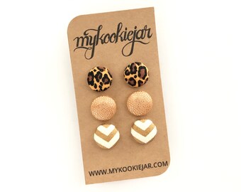 Leopard Gold Chevron Earrings, Autumn Jewelry, Leopard Studs, Gold Jewelry for Girls and Women, Fall Statement Earrings, Animal Print Studs