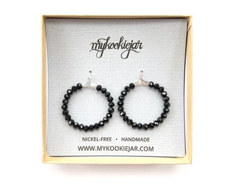 Black Full Beaded Hoop Earrings, Black Statement Earrings, Nickel-free Lightweight Earrings for Women, Black Hoop Jewelry, Bridesmaid Gift