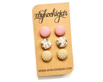 Spring Peach Pink Floral and Tan Pin Dots Fabric Button Earrings, Nickel-Free Studs or Clip-ons, Spring Pastel Stud Earrings, Lightweight