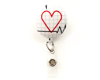 ECG ECG Heart Fabric Button Intrekbare Badge Reel, Heartbeat Name ID Holder, Nurse Doctor Therapeut Gift Idea, Cute Badge Reel, Med Student