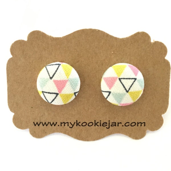 Handmade Fabric Covered Button Earrings MINI Studs or Clip-ons - Geometric Multicolor Triangles, Geo Earrings, Everyday Earrings, Gift Idea