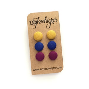 Mustard Yellow, Blue and Plum Fabric Button Earrings, Lightweight Earrings, Nickel-free Earrings for Girls and Women, Handmade Gift Idea