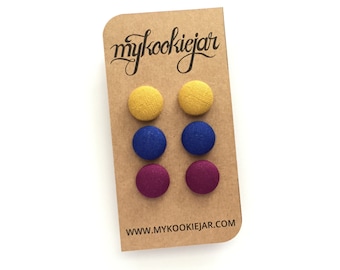 Mustard Yellow, Blue and Plum Fabric Button Earrings, Lightweight Earrings, Nickel-free Earrings for Girls and Women, Handmade Gift Idea