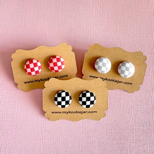 Cute Checkered Fabric Covered Button Earrings, Racing Black White Checkered, Red Pink Checkered, Gray White, Nickel-Free Studs or Clip-ons image 5