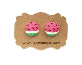 Watermelon Fabric Button Earrings, Watermelon Studs, Kid's Jewelry, Lightweight, Handmade Watermelon Earrings, Fruit Jewelry, Summer Earring