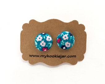 Turquoise Pink Floral Earrings, Flower Earrings for Girls, Lightweight, Spring Earrings, Nickel-free Studs, Titanium Posts, Floral Fabric