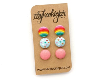 Pastel Rainbow Stripes, Tiny Rainbow Hearts, Nickel-free Studs or Clip-ons, Cute and Colorful Earrings for Girls, Love Rainbow, Pastel Color