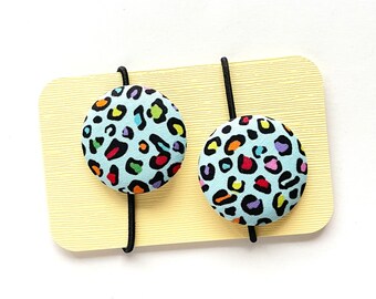 Rainbow Leopard Print Animal Print Fabric Button Hair Ties Set of 2, Back to School Hair Accessories, Cute And Colorful Button Hair Elastic