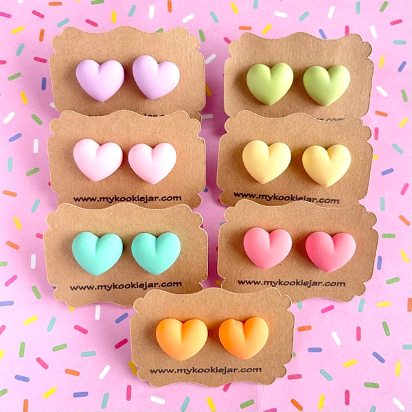 Chunky Matte Pastel Candy Colors Heart Cabochon Stud Earrings, Nickel-Free, Easter Basket Filler, Cute Candy Hearts, Unique Earring Gift