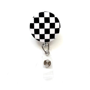 Monochrome Black White Checker Pattern, Black White Checkerboard Fabric Button Badge Reel, Cute Retractable ID Holder, Unisex Race Car Flag
