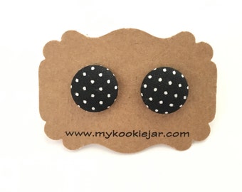 Monochrome Black and White Pin Dots Fabric Covered Button Earrings, Black Studs, Black White Earrings, Nickel-free Earrings, Lightweight