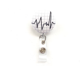 EKG Heartbeat Fabric Button Intrekbare Badge Reel, ECG Hospital Badge Reel, ID Houder, Nurse Doctor Gift Idea, Swivel Alligator Clip