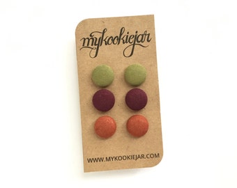 Olive Green Plum Rustic Orange Earrings, Fabric Button Earrings, Gift for Her, Nickel-free, Lightweight, Statement Earrings, Titanium Post