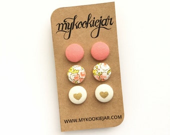 Living Coral, Peach and Yellow Floral and Gold Heart on Cream Fabric Button Earrings, Nickel-free Studs or Clip-ons, Cute Gift Idea Girls