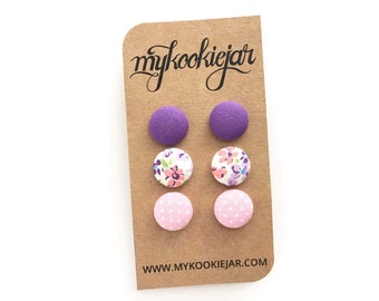 Purple Earrings, Pink Earrings, Purple Pink Floral Earrings, Purple Studs, Pink Pin Dots Fabric Button Earrings, Easter Basket Filler