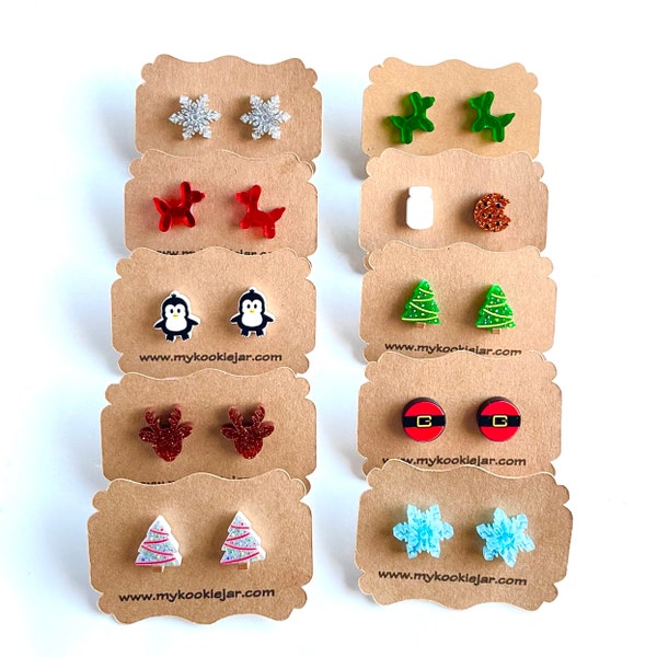 Holiday Theme Acrylic Shaped Earrings, Snowflakes, Santa Hat, Gingerbread Man, Milk Cookies, Santa's Sleigh, Christmas Tree, Nickel-free