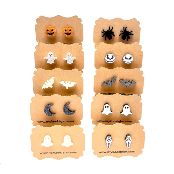 Cute Shaped Halloween Fall Stud Earrings, Nickel-Free Acrylic Studs, Ghost, Spiders, Glow in the Dark, Scream Face, Moon, Jack o Lantern