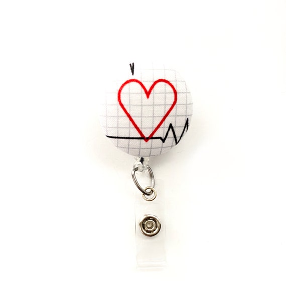 EKG ECG Heart Fabric Button Retractable Badge Reel, Heartbeat Name
