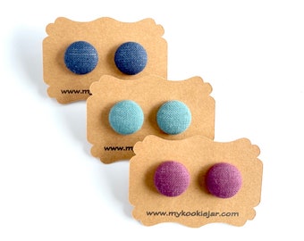 Solid Color Blue Teal and Violet Fabric Covered Button Earrings, Lightweight, Minimalist Solid Color Studs, Nickel-Free Studs or Clip-ons