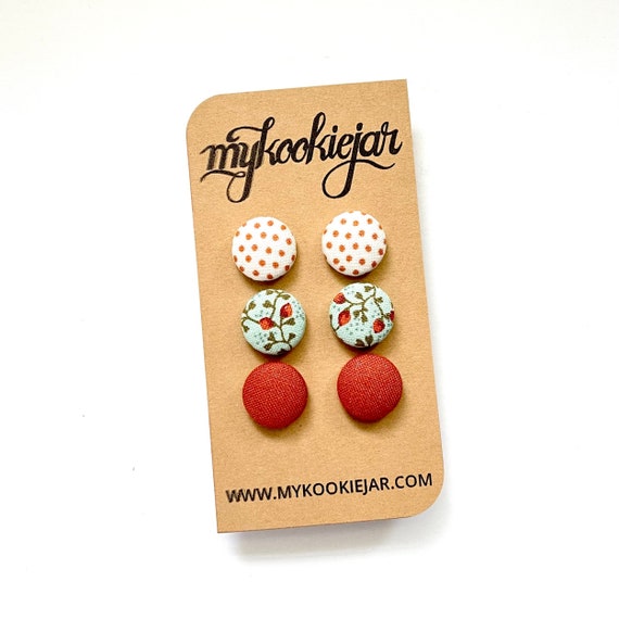 Autumn Terra Cotta Orange and Green Foliage Fabric Button Earrings, Nickel-Free Studs or Clip-ons, Fall Statement Earrings, Lightweight
