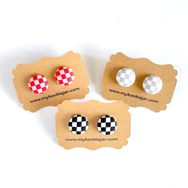 Cute Checkered Fabric Covered Button Earrings, Racing Black White Checkered, Red Pink Checkered, Gray White, Nickel-Free Studs or Clip-ons image 1