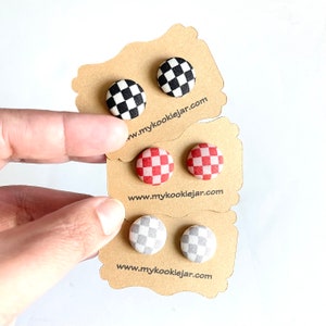 Cute Checkered Fabric Covered Button Earrings, Racing Black White Checkered, Red Pink Checkered, Gray White, Nickel-Free Studs or Clip-ons image 3