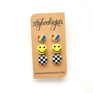 Rainbow Emoji Heart Acrylic Studs Yellow Smiley Face, Black White Racing Checkered Fabric Button Earrings, Pride Earrings, Nickel-Free Posts image 1