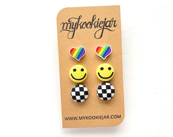 Rainbow Emoji Heart Acrylic Studs Yellow Smiley Face, Black White Racing Checkered Fabric Button Earrings, Pride Earrings, Nickel-Free Posts