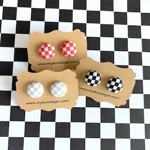 Cute Checkered Fabric Covered Button Earrings, Racing Black White Checkered, Red Pink Checkered, Gray White, Nickel-Free Studs or Clip-ons image 4