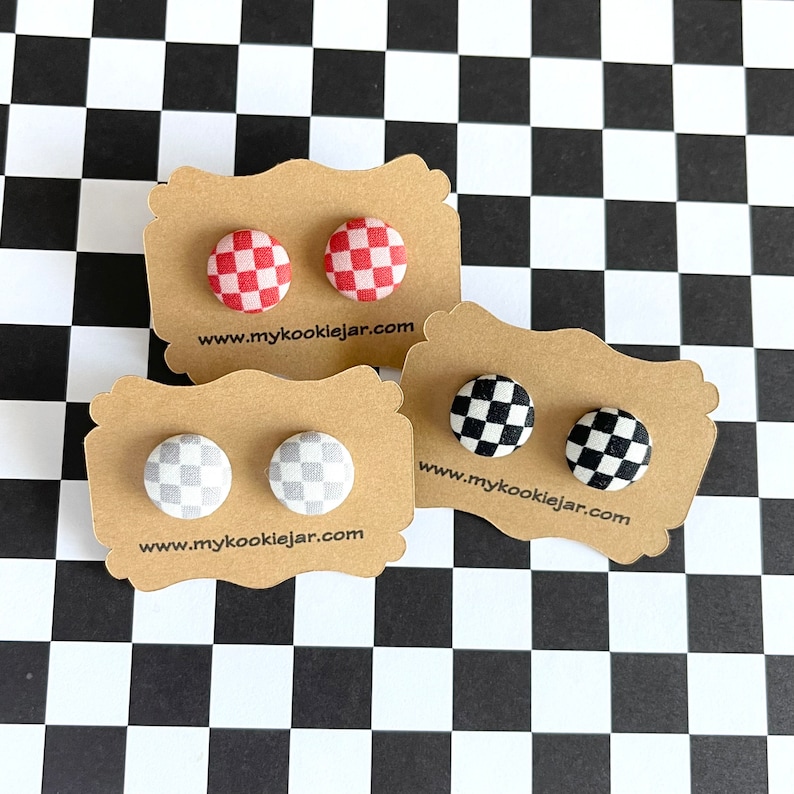 Cute Checkered Fabric Covered Button Earrings, Racing Black White Checkered, Red Pink Checkered, Gray White, Nickel-Free Studs or Clip-ons image 4