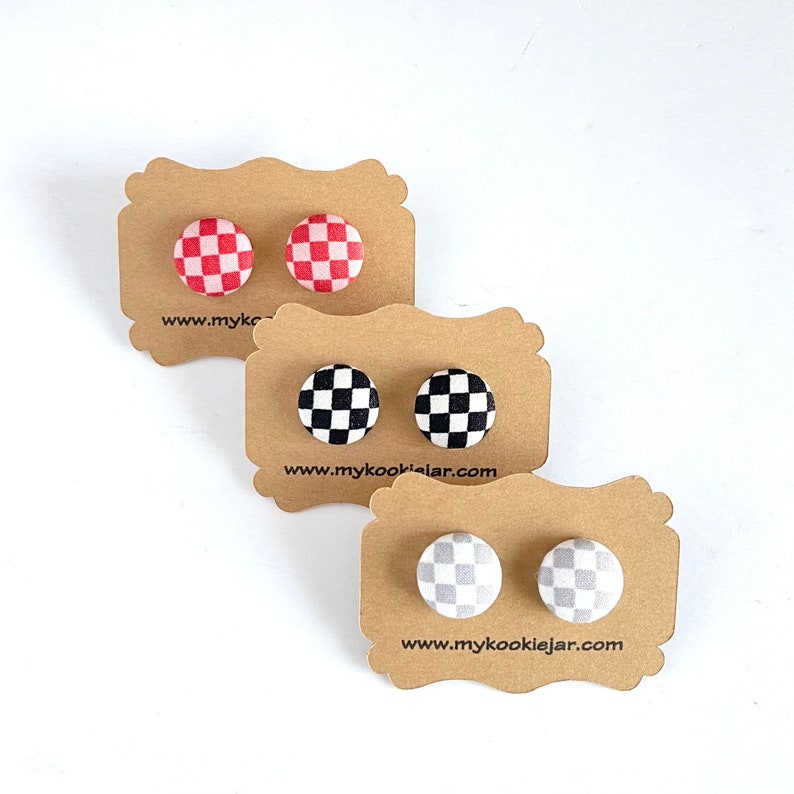 Cute Checkered Fabric Covered Button Earrings, Racing Black White Checkered, Red Pink Checkered, Gray White, Nickel-Free Studs or Clip-ons image 2