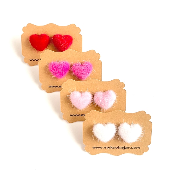 Valentine's Fuzzy Hearts Earrings, Hearts Day Earrings, Nickel-Free Studs or Clip-ons, Valentine's Jewelry, Cute Fuzzy Hearts, Lightweight
