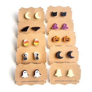 Cute Unique Shaped Halloween Fall Stud Earrings, Nickel-Free Acrylic Studs, Ghost, Spiders, Glow in the Dark, Moon, Witch Hat, Black Cat