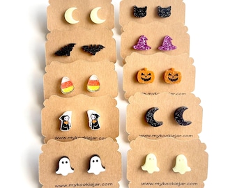 Cute Unique Shaped Halloween Fall Stud Earrings, Nickel-Free Acrylic Studs, Ghost, Spiders, Glow in the Dark, Moon, Witch Hat, Black Cat