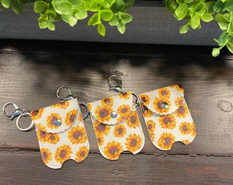 SaLE ~Faux Leather WHITE SUNFLOWER Print SANITIZER holder with Claw Clasp - Quantity One
