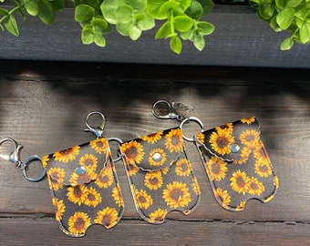 SaLE ~ Faux Leather BLACK SUNFLOWER Print SANITIZER holder with Claw Clasp - Quantity One