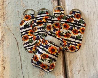 Striped SUNFLOWER Print HAND SANITIZER Holder Key Chain Air Pod Case - Quantity One