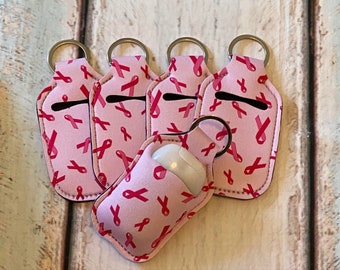 Pink RIBBON Print HAND SANITIZER Holder Key Chain Air Pod Case - Quantity One