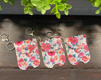 SaLE ~ Faux Leather BLUE FLORAL Print SANITIZER holder with Claw Clasp - Quantity One