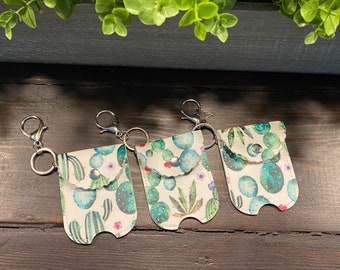 SaLE ~ Faux Leather GREEN CACTUS Print SANITIZER holder with Claw Clasp - Quantity One