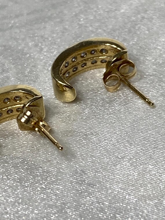 14K Solid Yellow Gold Diamond Half Hoop Earrings - image 7
